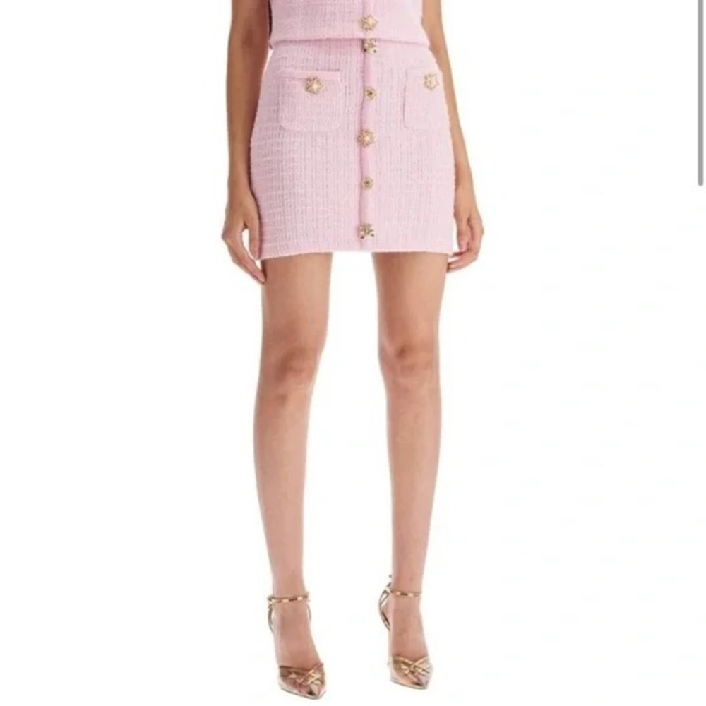 Self Portrait Pink Knit Diamante Mini Skirt Pink S Embellished